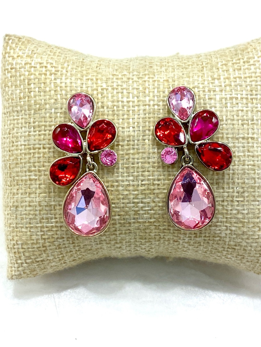 J. Crew Pink and Red Crystal Teardrop Cluster Earrings